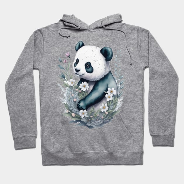 Panda bear around Flowers: Scattered Watercolor in Pastel Colors. Hoodie by General Corner